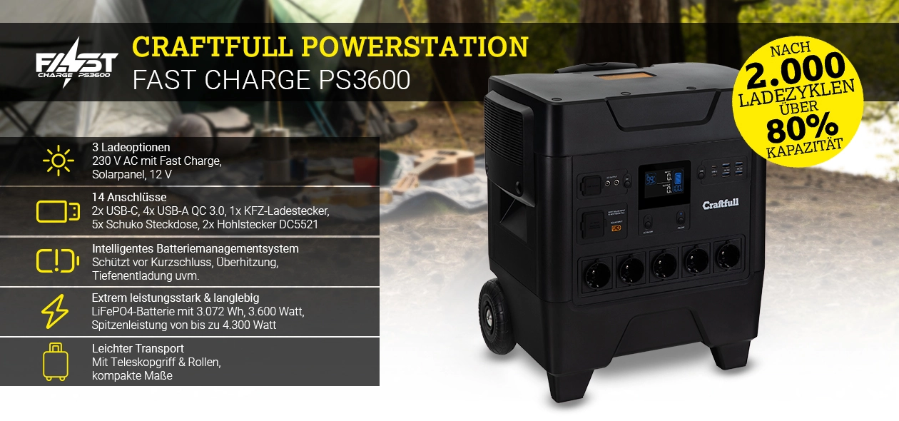 Craftfull Powerstation Fast Charge PS3600 Craftfull Powerstation Fast Charge PS3600 sichert Notstrom beim Campingausflug